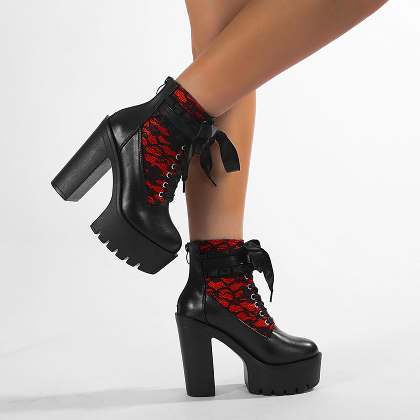 NEJKG Women's Gothic Rave Boots, Leather Lace Splicing Platform Chunky Heels, Ankle Boots, Black, Size 6