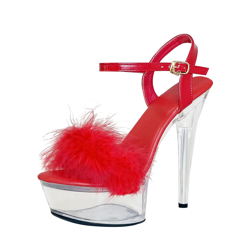Baffoloo Women's Clear Platform Stiletto Fuzzy High-heeled Ankle Strap Party Casual Sexy Heels for Dancing Pole Dance Heels Casual Sandals Red