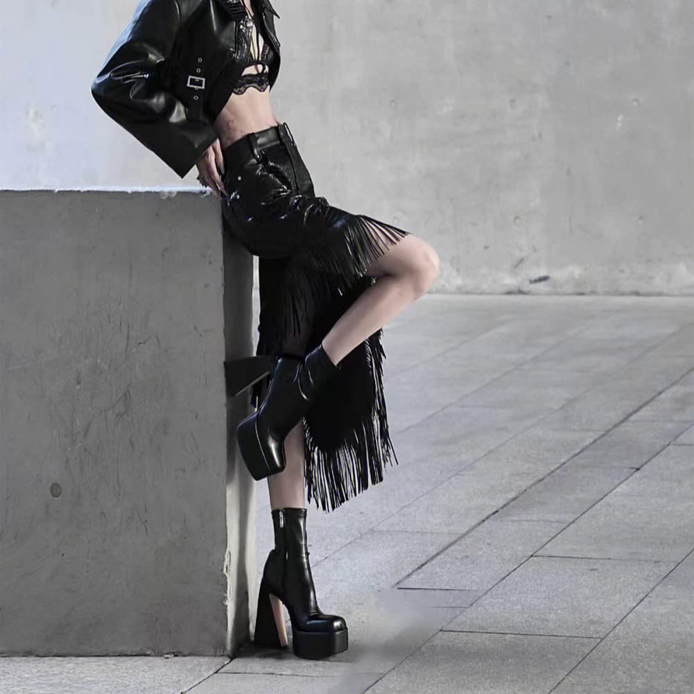 Uacllcau Platform Boots for Women Mid Calf Boots Square Toe Chunky High Heel Boots Side Zipper Ankle Booties