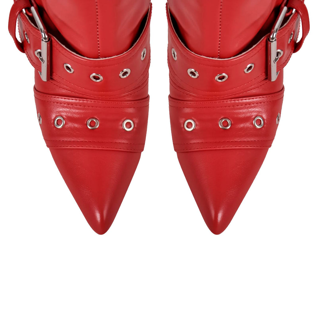 onlymakerheels Multi Buckle Strap Over the Knee Pointed Toe Belts Stiletto Heeled Booty Thigh High Red Size12