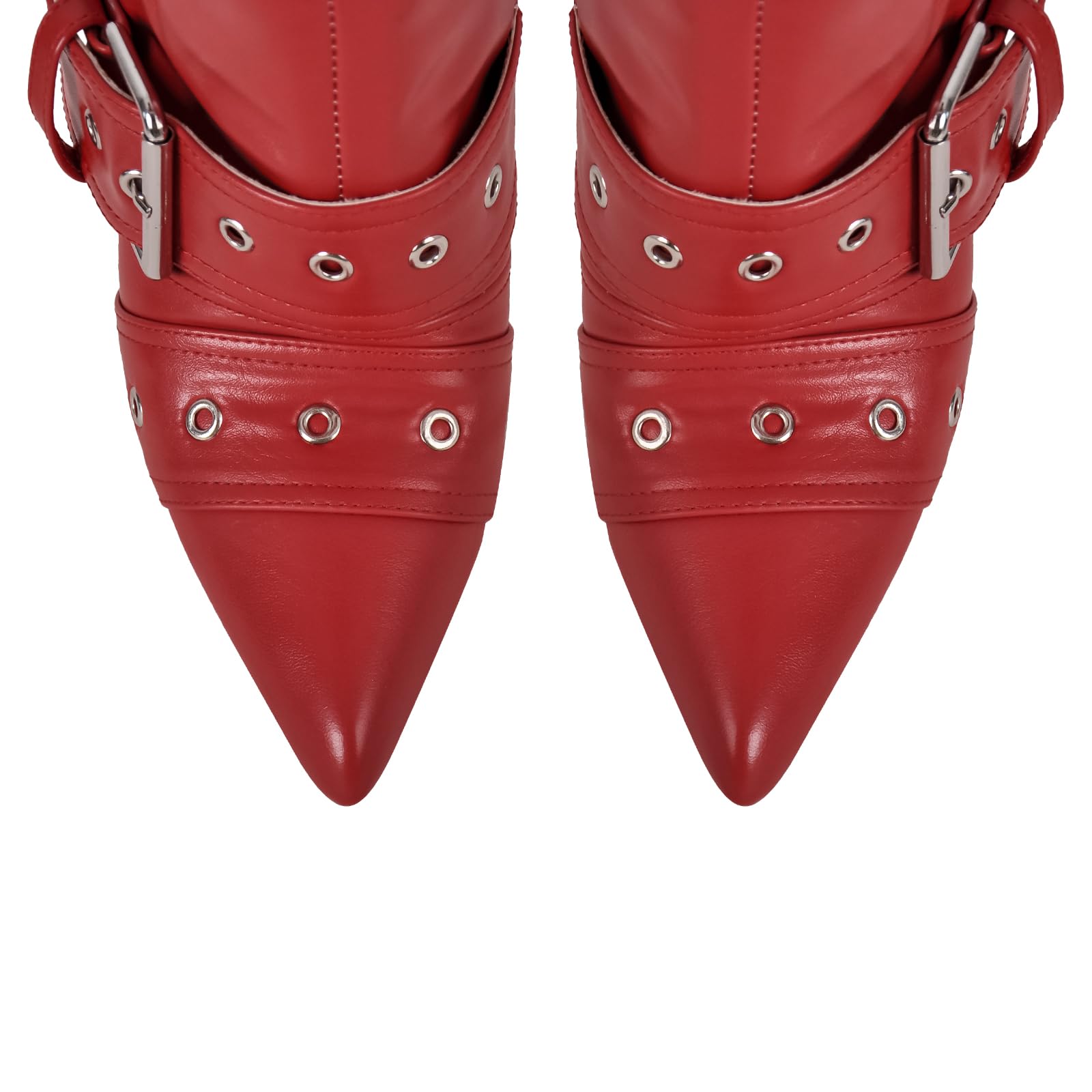 onlymakerheels Multi Buckle Strap Over the Knee Pointed Toe Belts Stiletto Heeled Booty Thigh High Red Size12