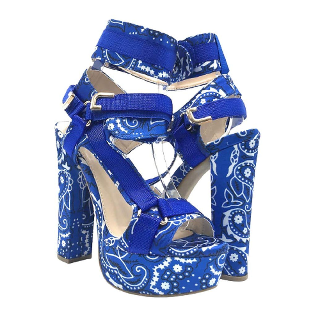 Mata Shoes Women's Open Toe Strappy Chunky Platform High Heel Sandals Blue Bandana