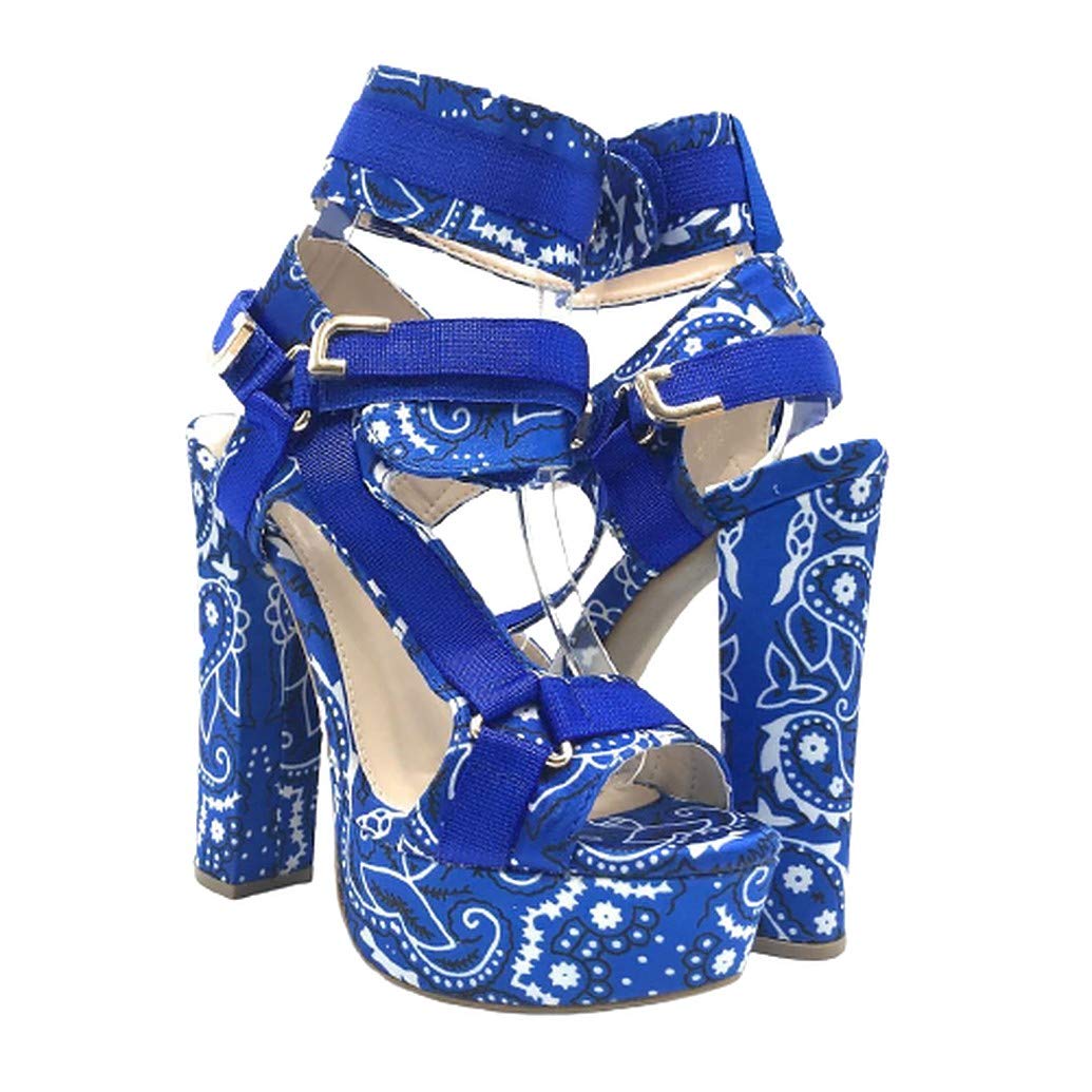 Mata Shoes Women's Open Toe Strappy Chunky Platform High Heel Sandals Blue Bandana 6.5