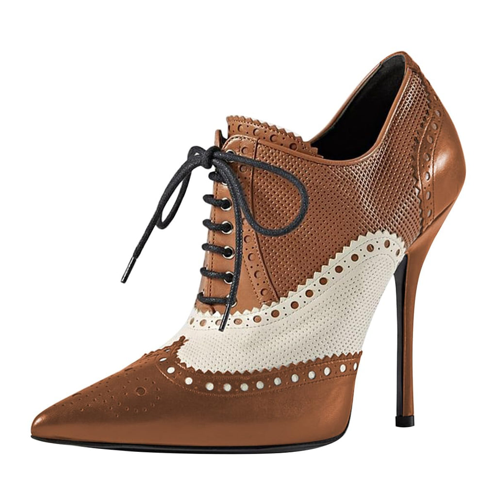 Maiyang Women Pointed Toe Wingtip Oxfords Brogues Boots Lace up Stiletto High Heel Party Event Dating Ankle Boots Size 8 Brown Multi