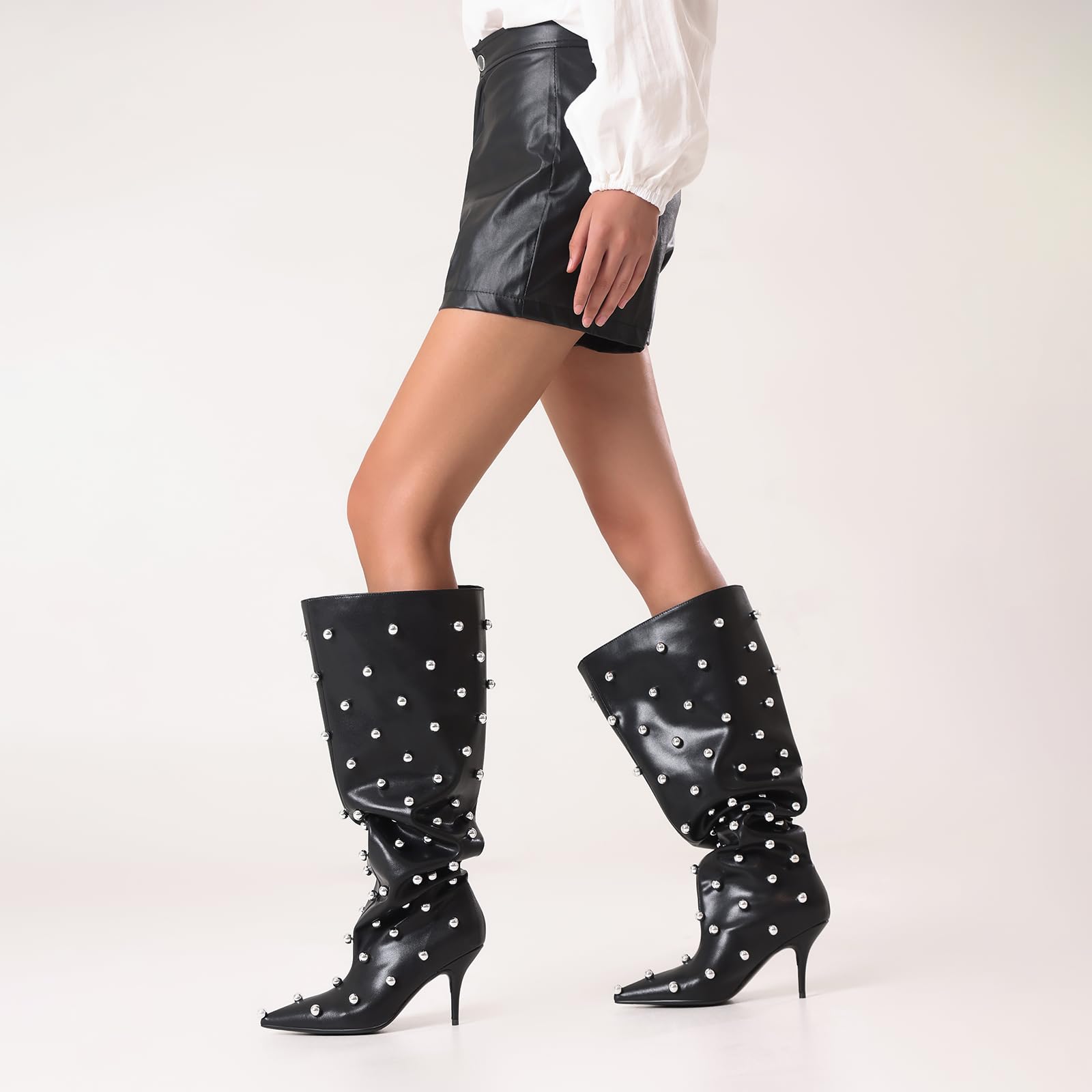 USRUNOE Wide Calf Boots for Women 3.4 Inch Stiletto Heels Knee High Pointed Toe Studded Black Pull On Fashion Tall Boots Y2K Style Comfortable