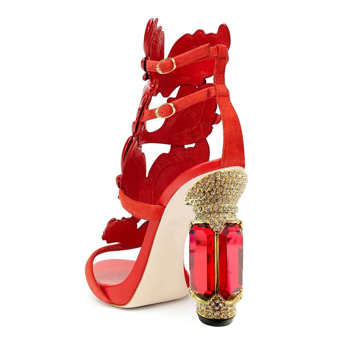FSJ Women Open Toe Stylish Sandal Ankle Strap Chunky Block High Thick Heels Wedding Party Ballroom Prom Shoes Size 11 Red Flame