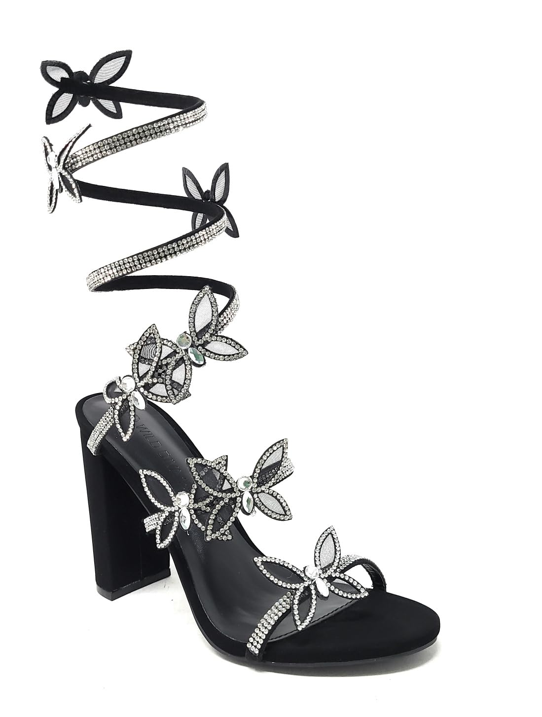 Wild Diva Women's Embellished Rhinestone Butterfly Spiral Coil Wrap Around Chunk Heel Morris-581 (Black Nubuck