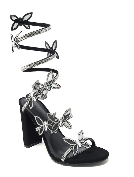 Wild Diva Women's Embellished Rhinestone Butterfly Spiral Coil Wrap Around Chunk Heel Morris-581 (Black Nubuck 9)