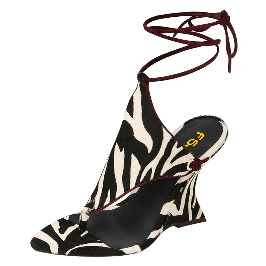 FSJ Women Open Toe Wedge Heel Thong Sandals Lace-Up Wrapped Heeled Flip Flops Comfortable Summer Dress Shoes Size 4 Zebra Print