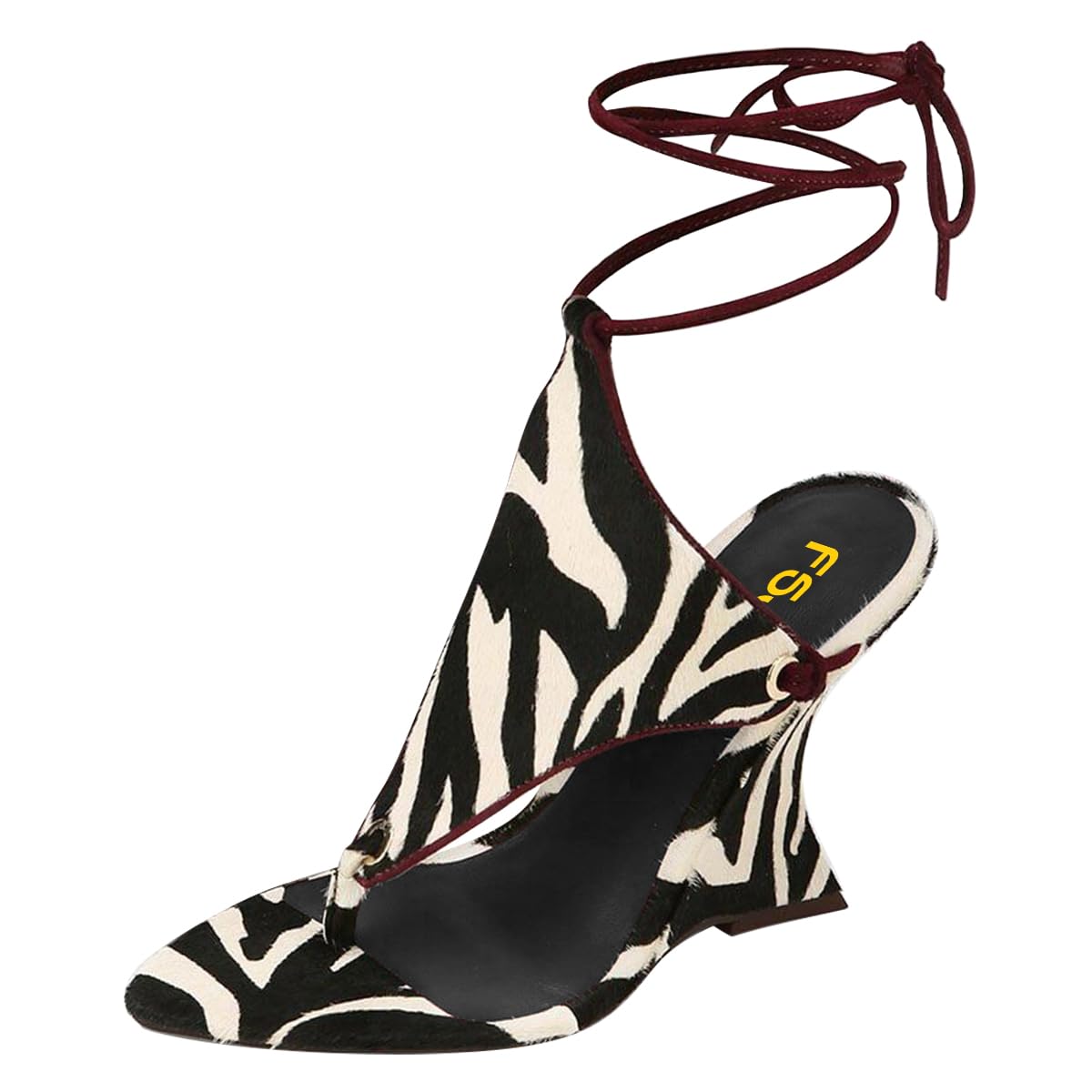 FSJ Women Open Toe Wedge Heel Thong Sandals Lace-Up Wrapped Heeled Flip Flops Comfortable Summer Dress Shoes Size 4 Zebra Print
