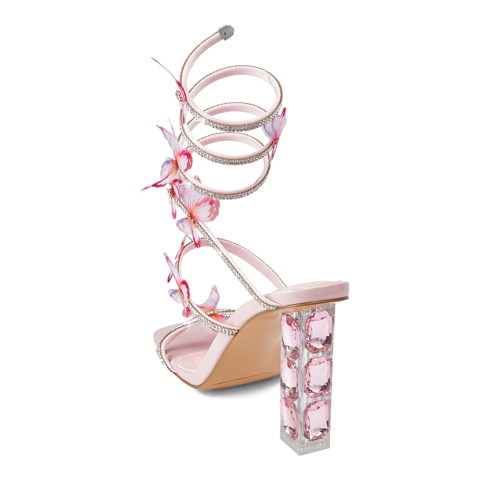 VOZTOLLS Strappy Heels for Women Rhinestone Crystal High Block Heeled Sandals Square Open Toe Sparkly Dress Prom Heels Shoes for Party Wedding Pink