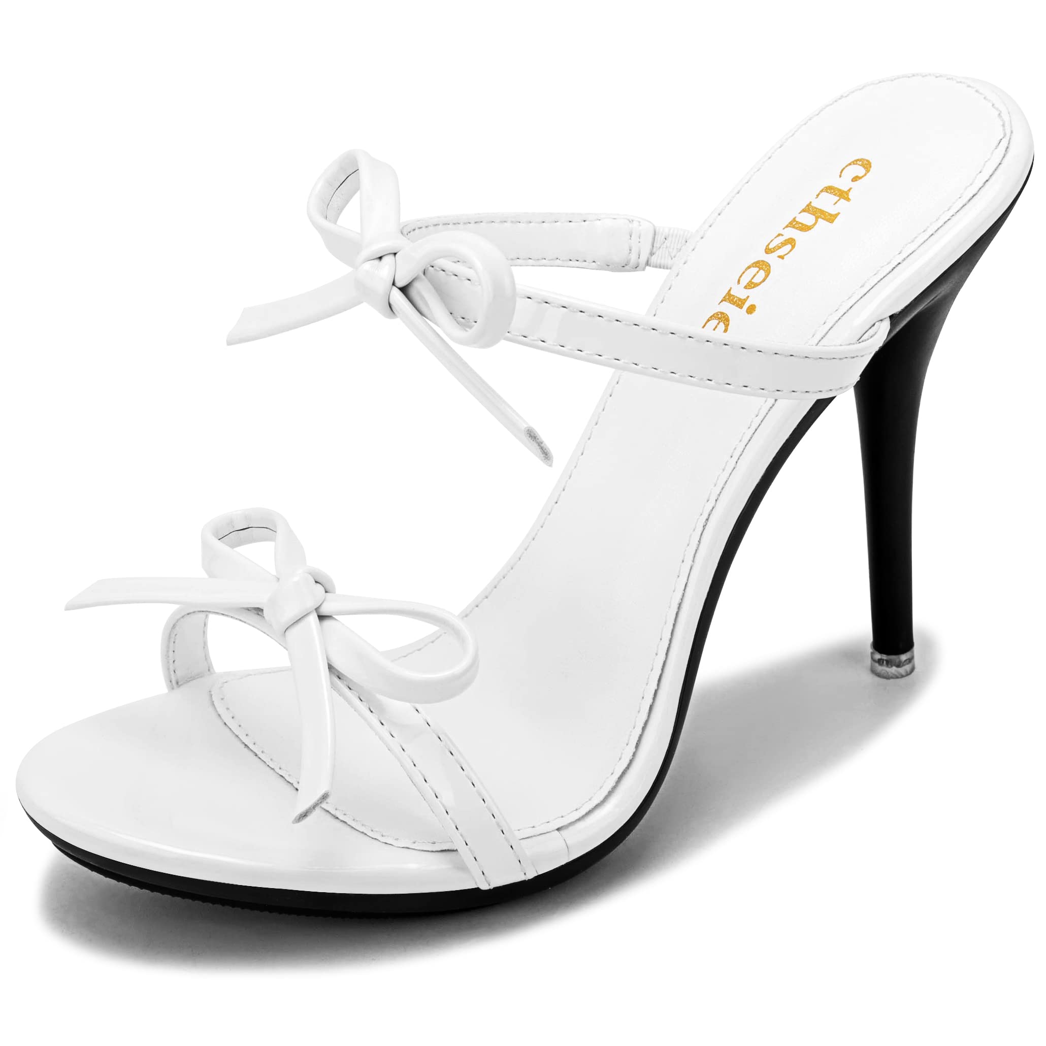cthseie Women's Platform Heeled Sandals Strappy Stilettos Mules Open Toe Slip On Fashion Sexy Dress Cute Bowknot Backless High Heel Slides Heels Slippers White Patent Leather PU