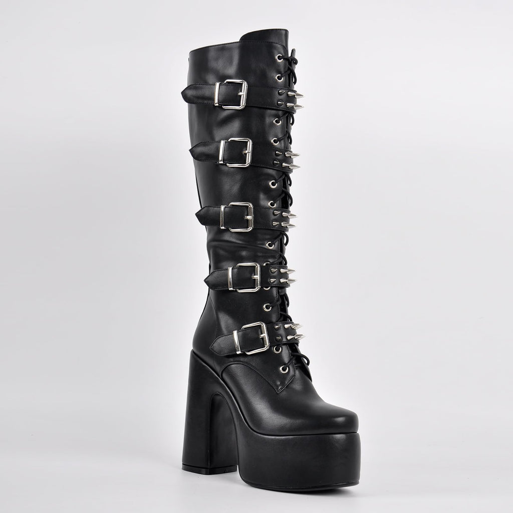 onlymaker Women's Knee-High Combat Boots Chunky High Heel Platform with Silver Buckles Studs Lace-Up Black Size 8
