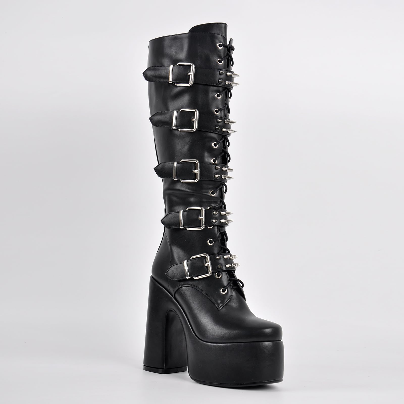 onlymaker Women's Knee-High Combat Boots Chunky High Heel Platform with Silver Buckles Studs Lace-Up Black Size 8
