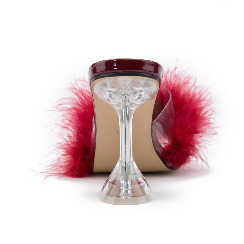 LIURUIJIA Feather High Heel Mules Sandals for Women Slip On Square Toe Clear Tapered Chunky Heels Fuzzy Fluffy Bridal Wedding Party Sexy Shoes Wine Red