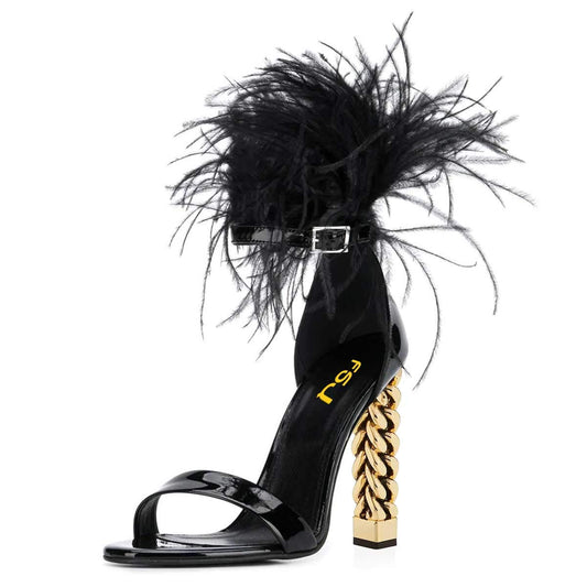 FSJ Women Feather Gold Metal Chain Chunky High Heels Ankle Strap Sandals Open Toe Fashion Shoes Size 8 Black Fur