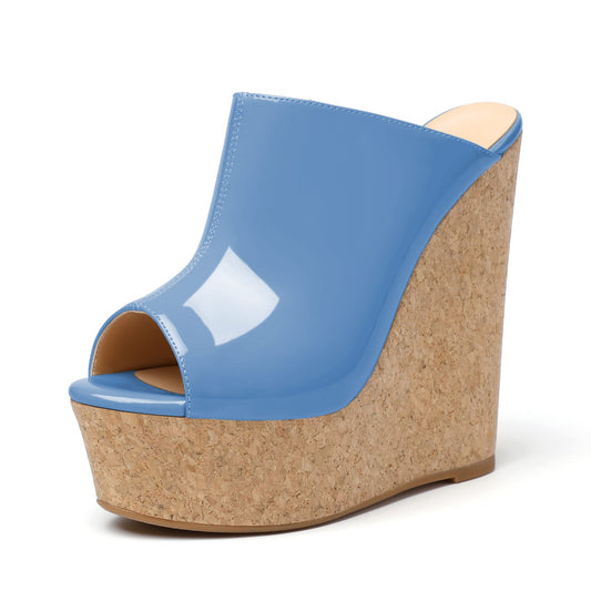 SAMMITOP Women's Platform Wedge Open Toe Sandals,Ladies Slip On Wedge Mule Shoes Blue US7