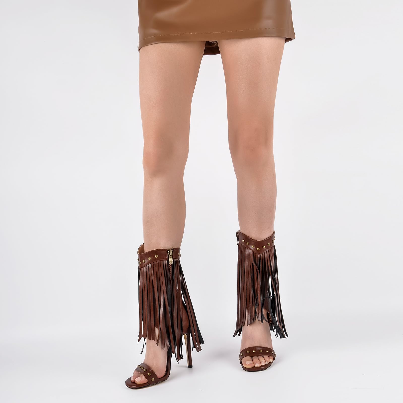 Rhineshell Women's Fringed High Heels Side Zipper Ankle Sandal Boots Studded Heeled Sandals Tassels Round Open Toe Stilettos Faux Leather Zip Up Party Dress Shoes Dark Brown Size 7