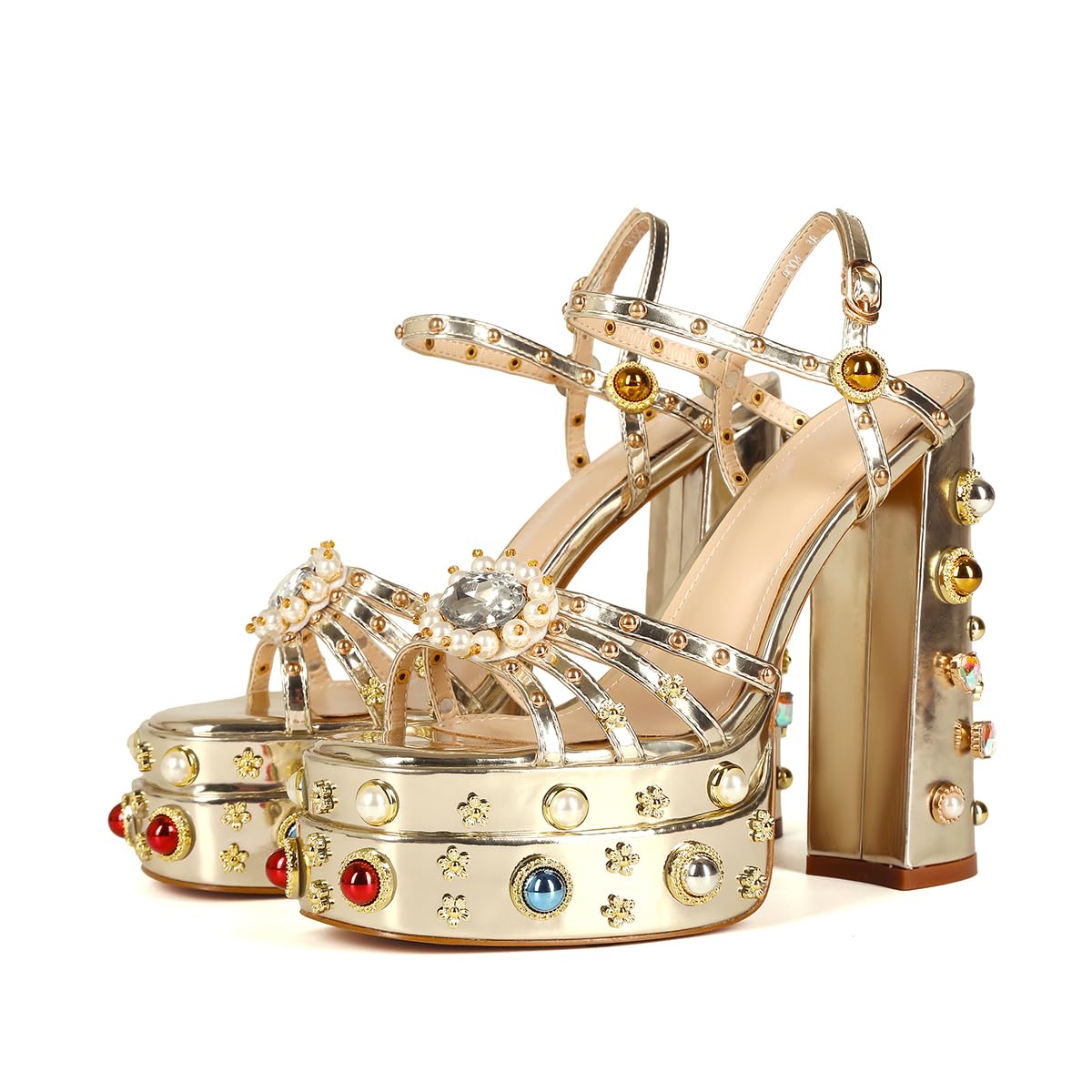 Gold Feinlina Women Rhinestone High Chunky Platform Heel