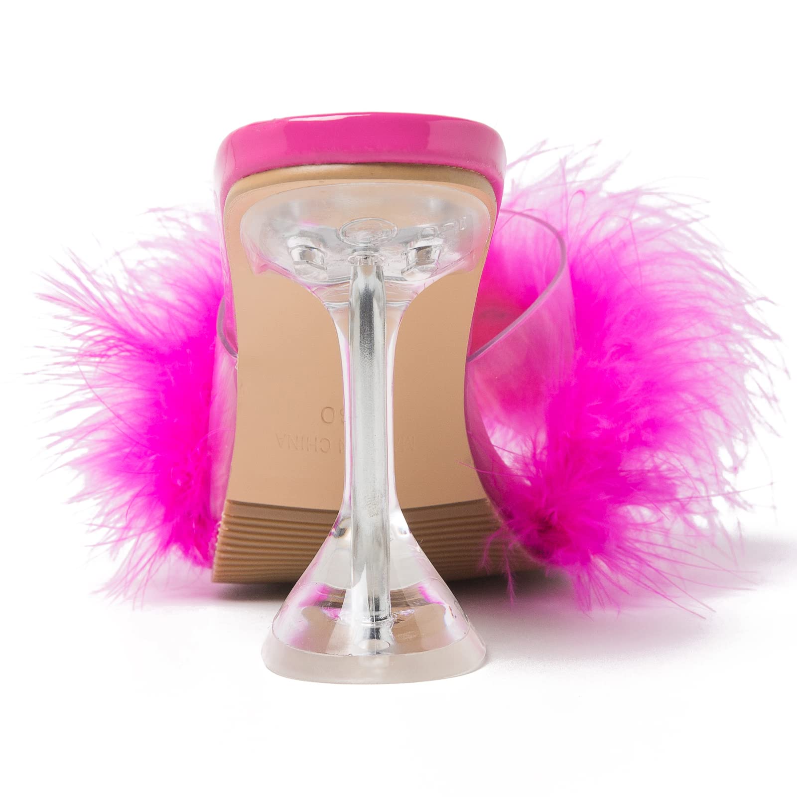 LIURUIJIA Women's Square Toe Feather Fluffy Fuzzy Heels High Heeled Dress Sandals Wedding Bridal Party Shoes Hot pink