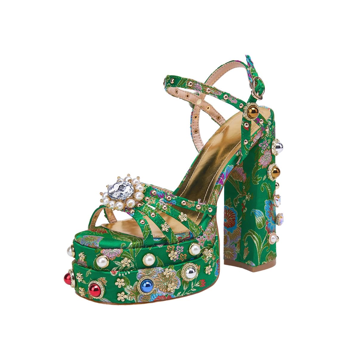 Green Feinlina Women Rhinestone High Chunky Platform Heel