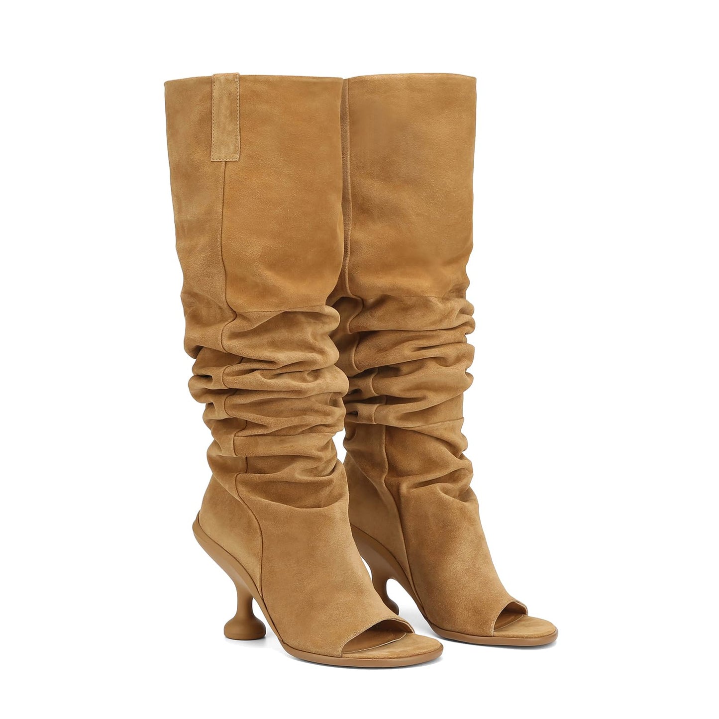Kapxumo Women's Suede Knee High Boots Open Square Toe Pull On Slouchy Under the Knee Boots Wedge Heel Wide Calf Boots Fashion Dress Party Camel Boot