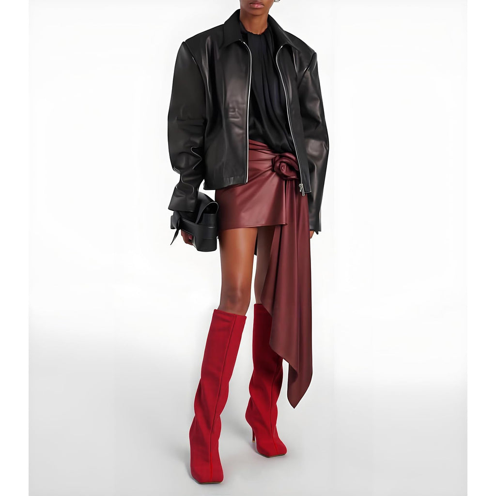 VOZTOLLS Knee High Boots Women Square Toe Kitten Heel Tall Boots Suede Wide Calf Pull-on Comfortable Fashion Dress Heeled Long Boots Red Size 7