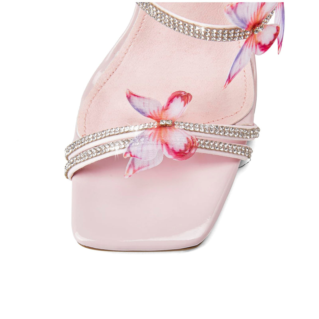 VOZTOLLS Strappy Heels for Women Rhinestone Crystal High Block Heeled Sandals Square Open Toe Sparkly Dress Prom Heels Shoes for Party Wedding Pink