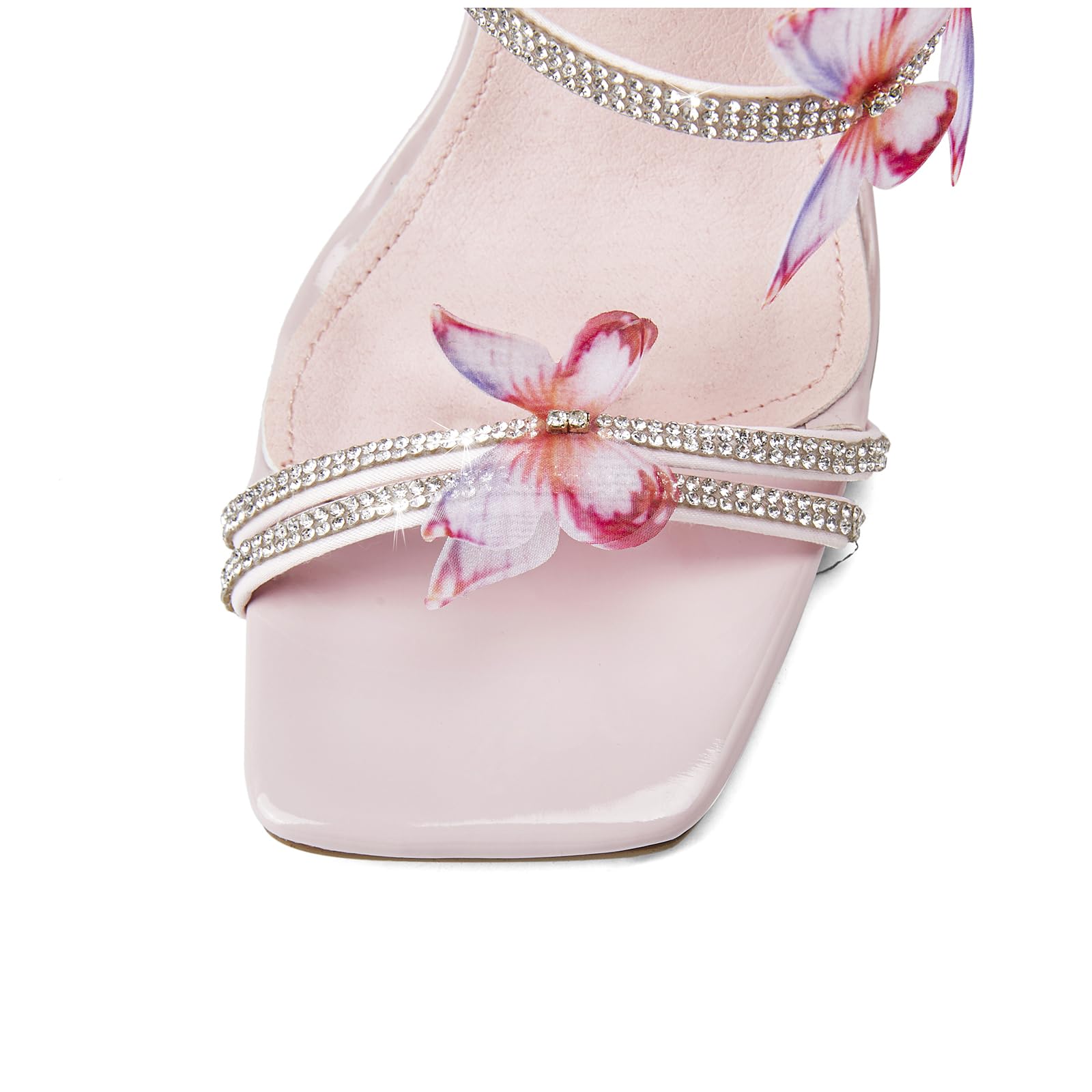 VOZTOLLS Strappy Heels for Women Rhinestone Crystal High Block Heeled Sandals Square Open Toe Sparkly Dress Prom Heels Shoes for Party Wedding Pink