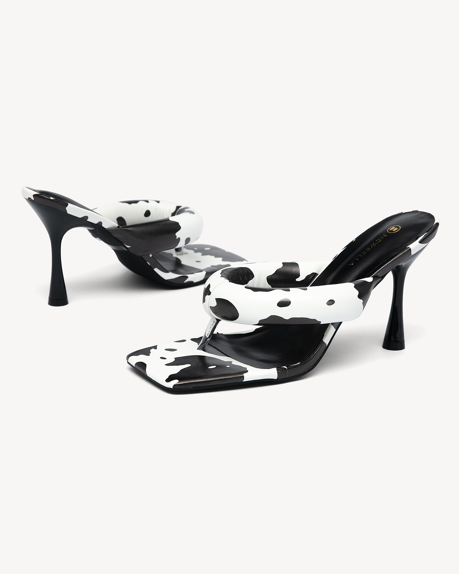NEWBELLA Women's Square Toe Heeled Sandals Thong Strap Stiletto Heel Slip On Dress Shoes Fashion Summer Heels for Party Date Night Casual Wear