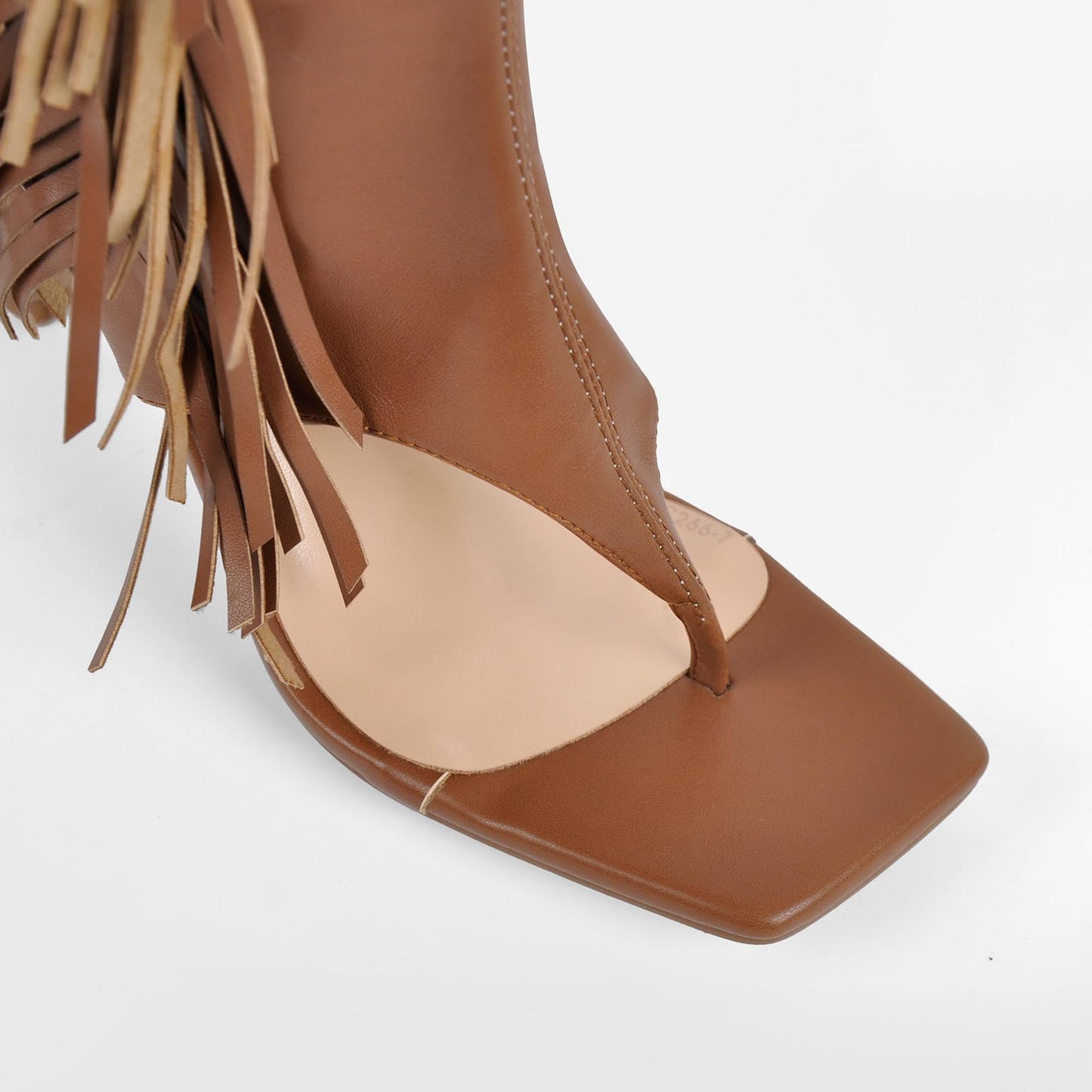 Richealnana Women's Fringe Thong Flip Flop Stilettos Heel Sandals Tassel Zipper Square Toe Long Boots Cut Out Knee High Shoes Brown US 10