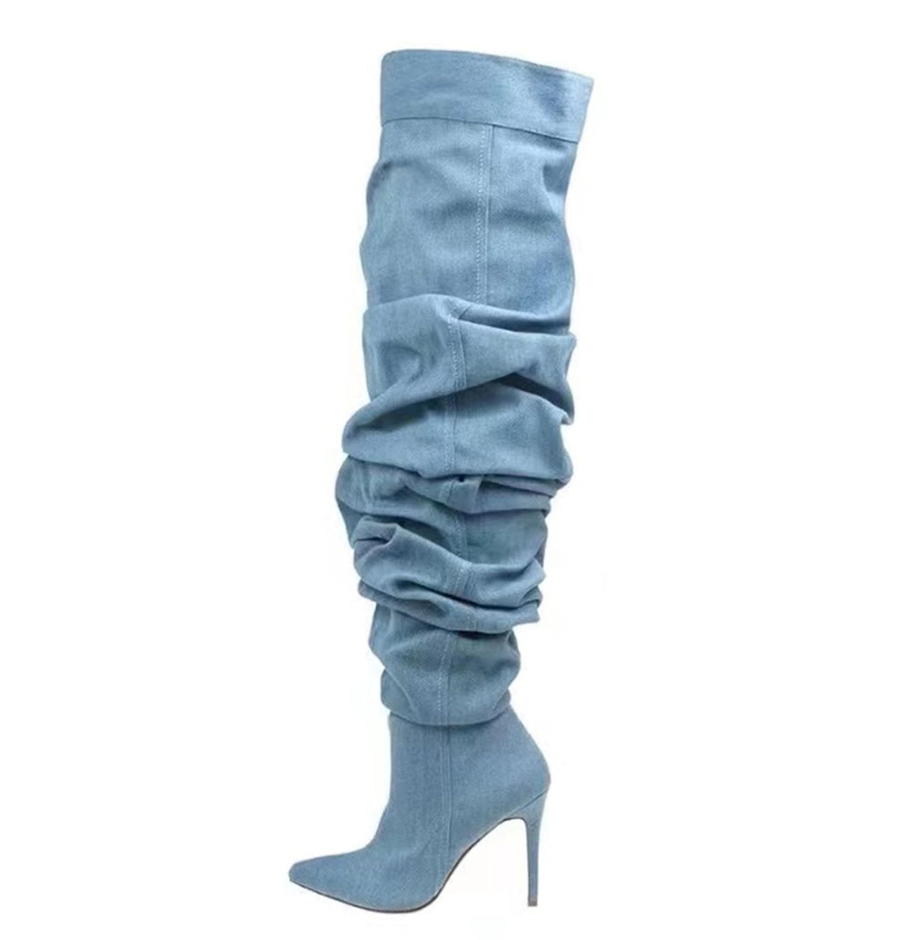 Tracieshoes Women’s Over-the-Knee Slouchy Denim Boots with 4.3" Stiletto Heel–Sexy Pointed Toe Thigh High Fashion Booties for Date and Evening Wear Blue Size 8