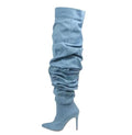Tracieshoes Women’s Over-the-Knee Slouchy Denim Boots with 4.3" Stiletto Heel–Sexy Pointed Toe Thigh High Fashion Booties for Date and Evening Wear Blue Size 8