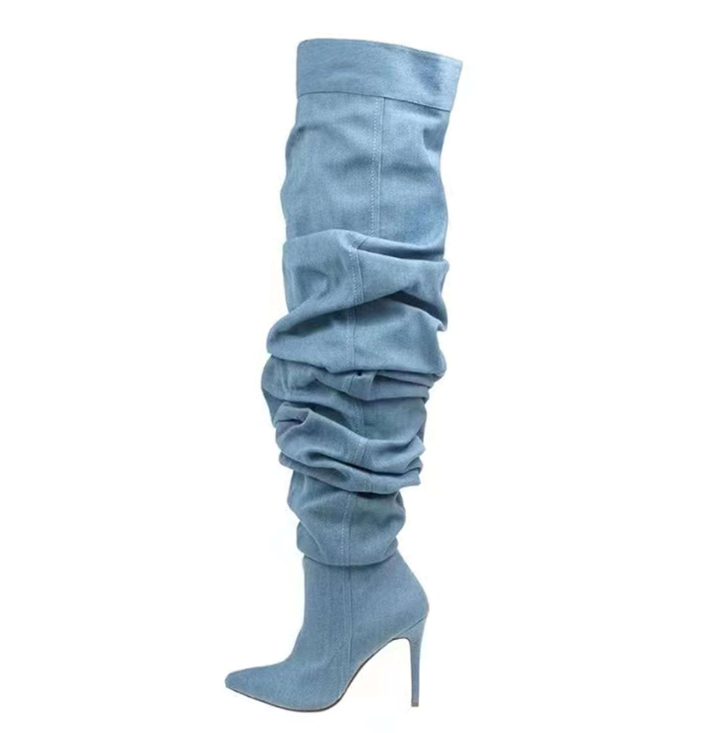 Tracieshoes Women’s Over-the-Knee Slouchy Denim Boots with 4.3" Stiletto Heel–Sexy Pointed Toe Thigh High Fashion Booties for Date and Evening Wear Blue Size 8