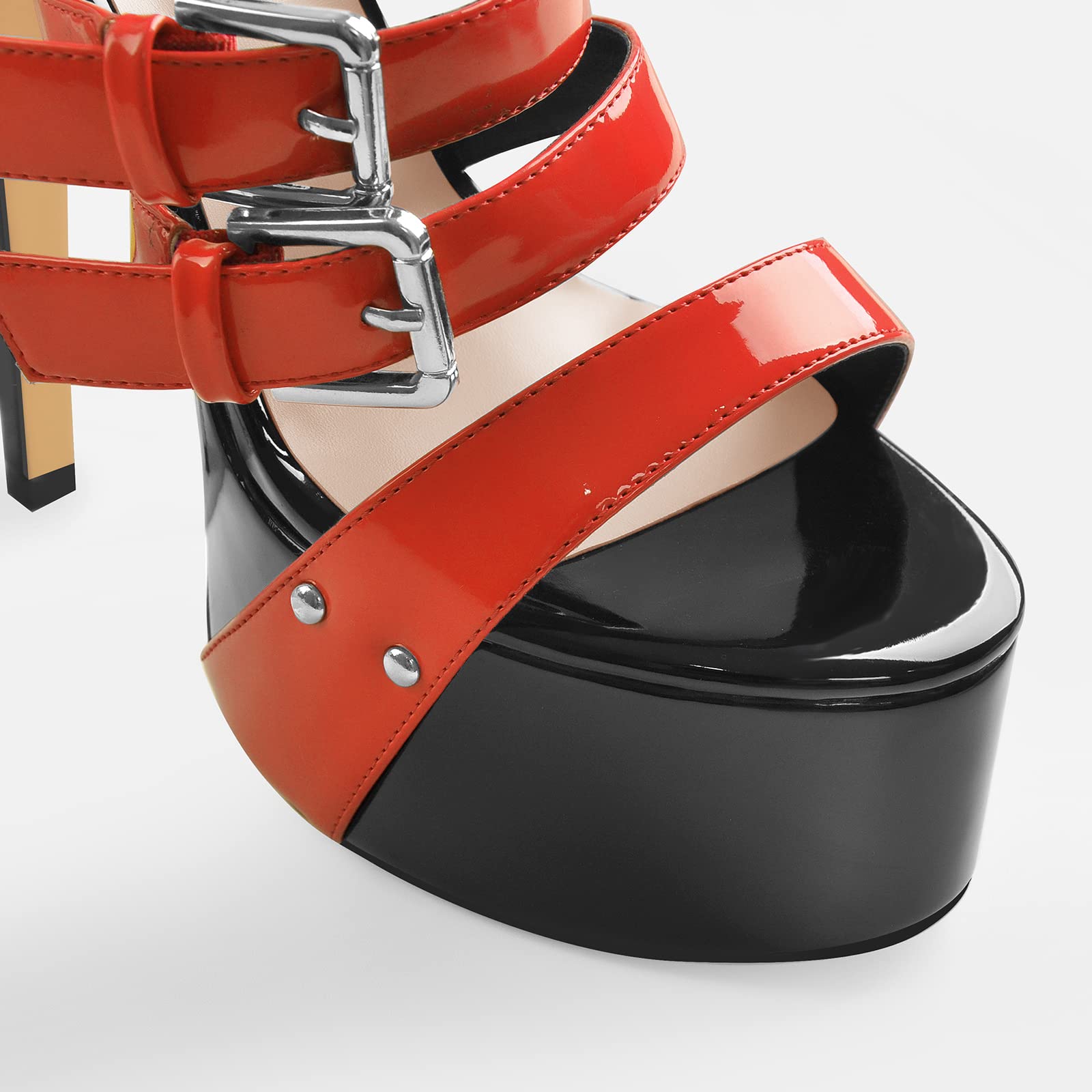 VERISSON Crisscross Ankle Sandals Open Toe High Heels Adjustable Buckle Strap Platform Sexy Red Patent Leather Sandals Size 8