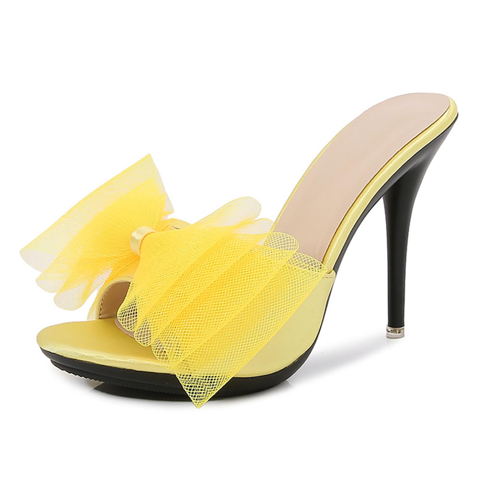XHOGNLS Women'S Sexy Mesh Bow Stiletto Slides Sandals Fashion Round Open Toe Tulle Bow Slip On High Heel Prom Mule Sandals For Party Wedding (5,yellow)