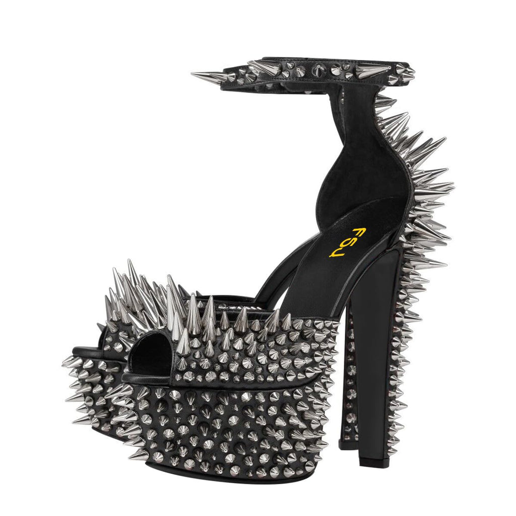 FSJ Women Spiked High Heel Sandals with Studded Ankle Strap Peep Toe Platform Chunky Rivets Heel Sexy Night Club Shoes
