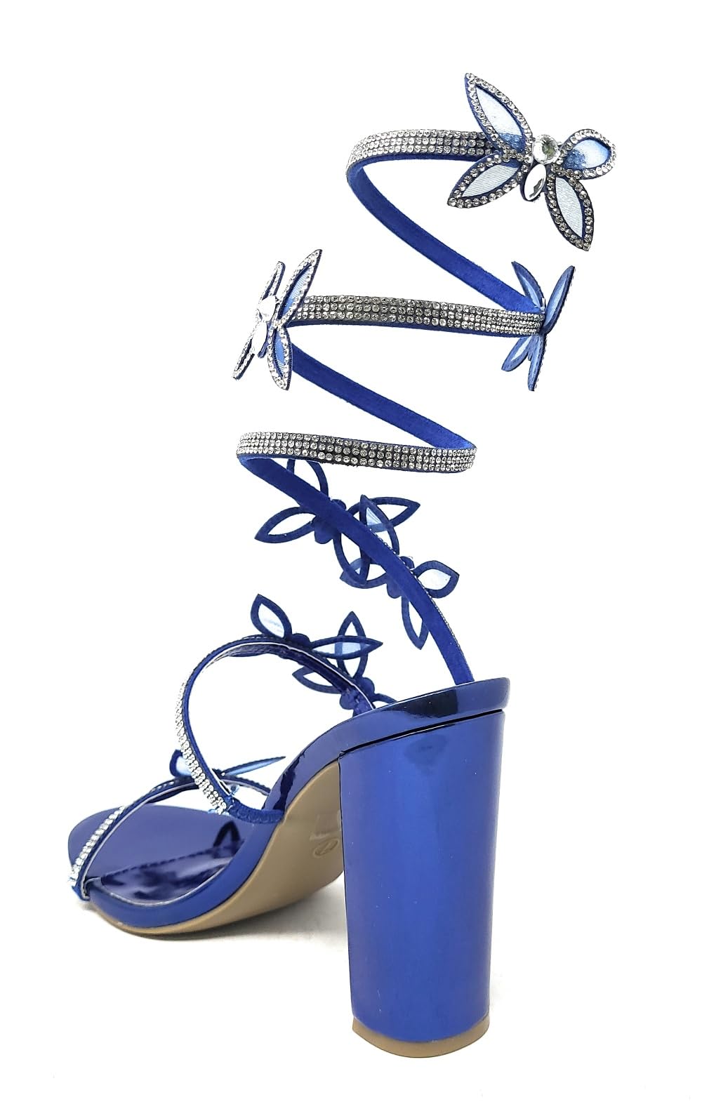 Wild Diva Women's Embellished Rhinestone Butterfly Spiral Coil Wrap Around Chunk Heel Morris-581 (Blue Metallic PU 9), Morris581-L3