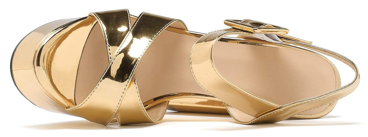 Mettesally Women's Platform Chunky High Heels Dress Sandals Open Toe Ankle Strap Strappy Wedding Bridal Party Dress Shoes for Women Bride Gold US7