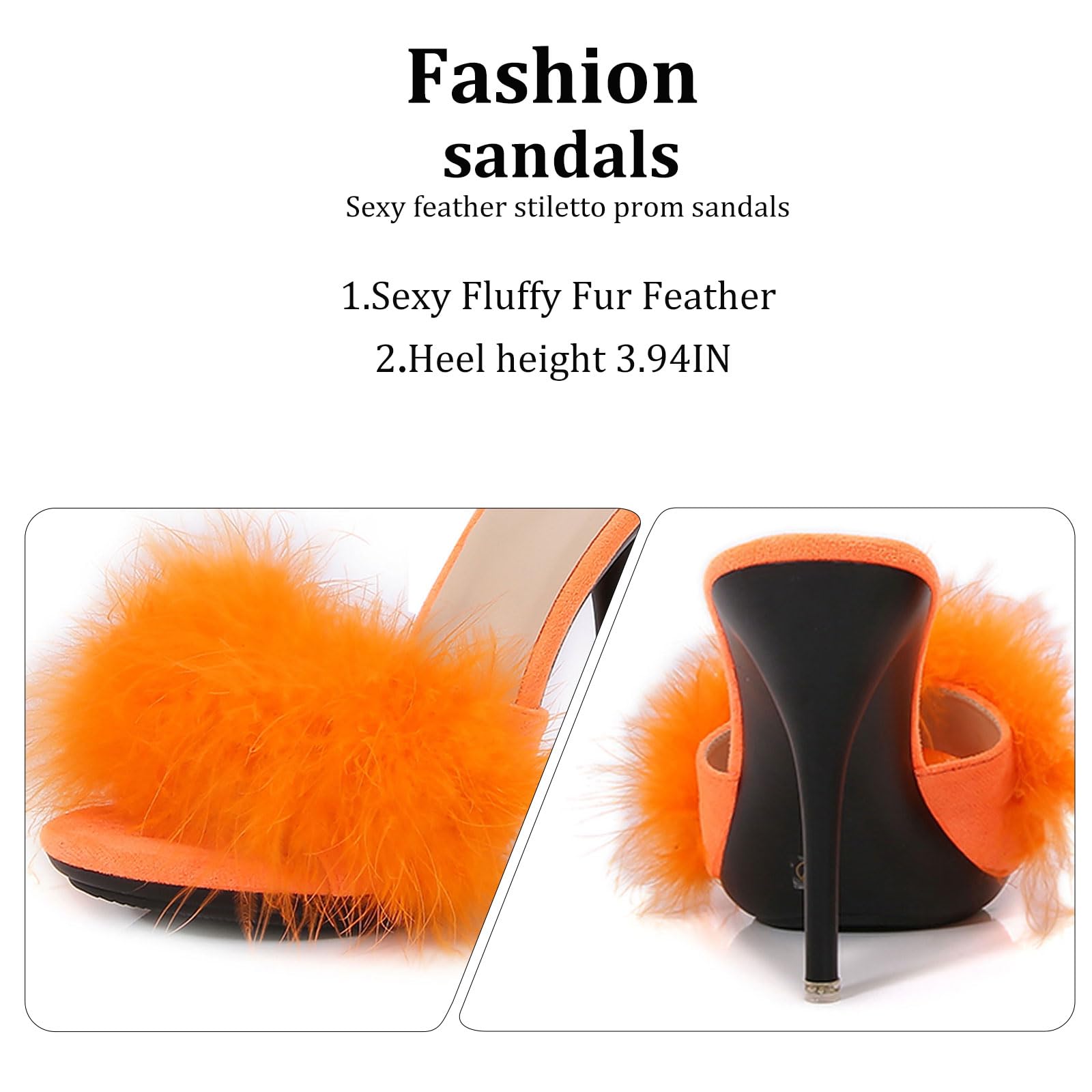 XHOGNLS Women's Feather Stiletto Prom Sandals Sexy Round Toe Fluffy Fur Feather Super High Heels Slip On Party Mules Fluff Slides For Evening Wedding Dress (Orange,7)