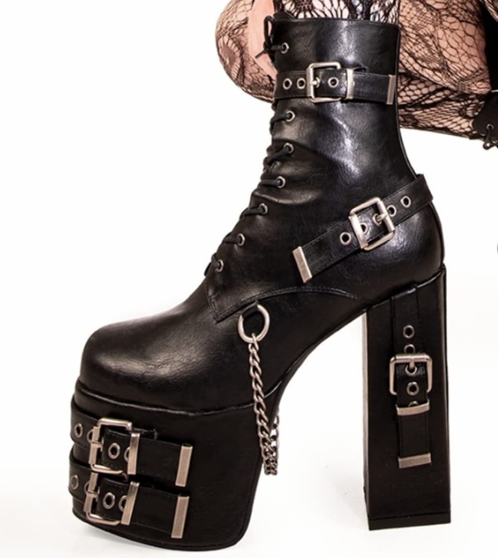 DETOGNI Women's Gothic Silver Eyelets Buckles Straps Block High Heel Lace Up Booties Punk Hanging Chain Zipper Sexy Chunky Platform Ankle Boots