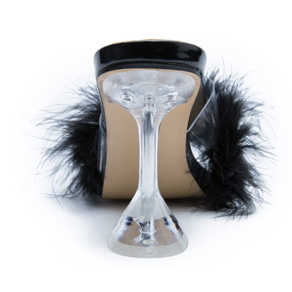 LIURUIJIA Feather High Heel Mules Sandals for Women Slip On Square Toe Clear Tapered Chunky Heels Fuzzy Fluffy Bridal Wedding Party Sexy Shoes Black