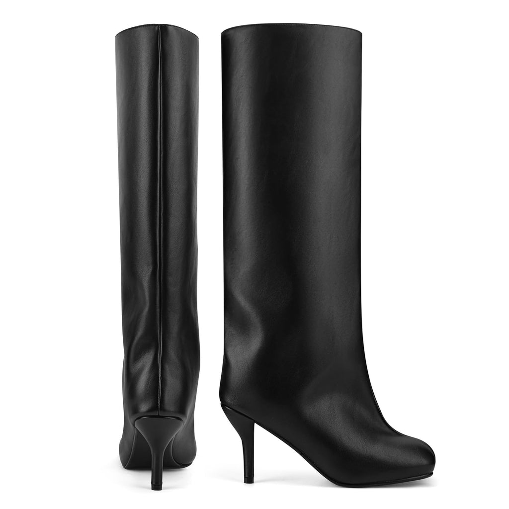 VOZTOLLS Black Knee High Boots for Women Square Toe Leather High Heel Tall Boots Stylish Casual Wide Calf Fall Boots Black