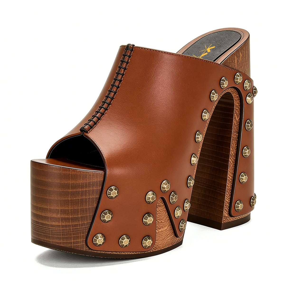 XYD Women Wooden Chunky Heel Mules Platform Bronzed Studs Open Toe Block Sandals Vintage Parties Shoes (Size 7.5, Brown)
