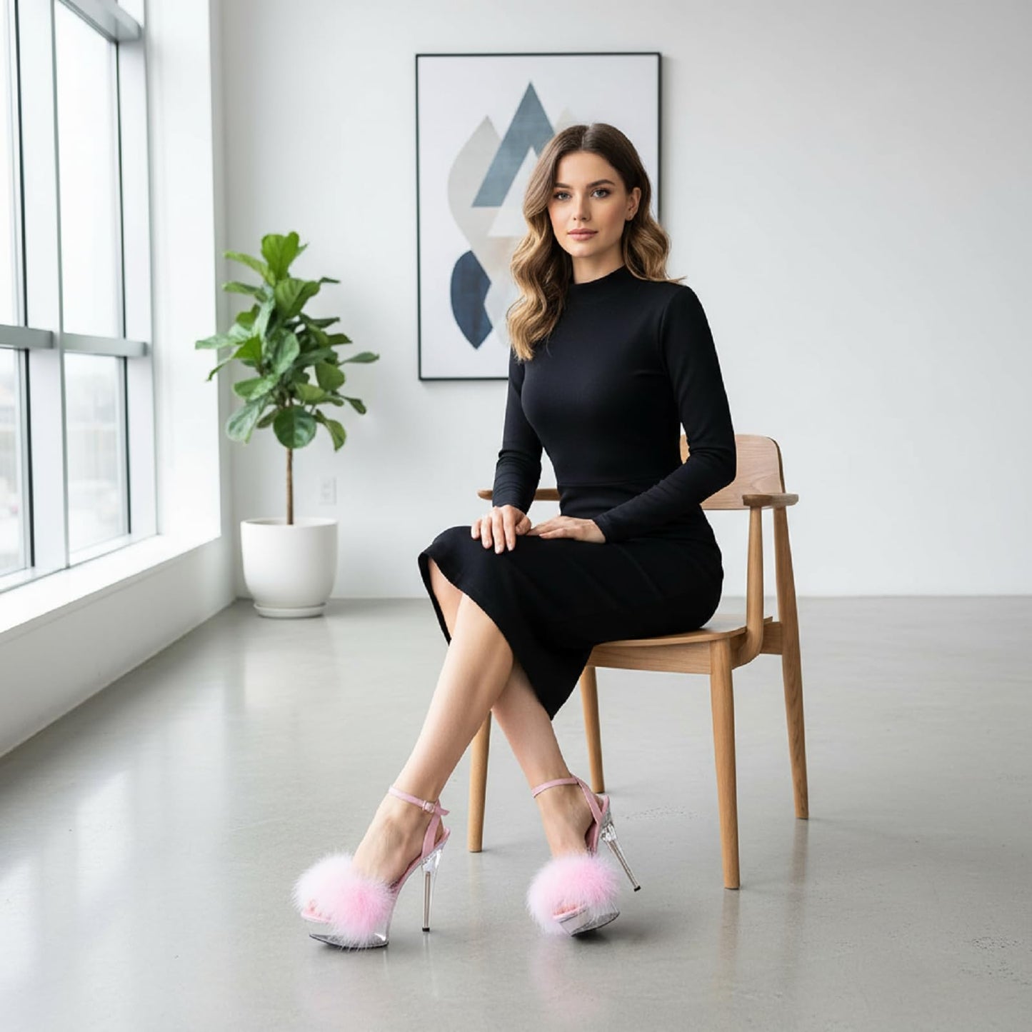 Baffoloo Women's Clear Platform Stiletto Fuzzy High-heeled Ankle Strap Party Casual Sexy Heels for Dancing Pole Dance Heels Casual Sandals Pink