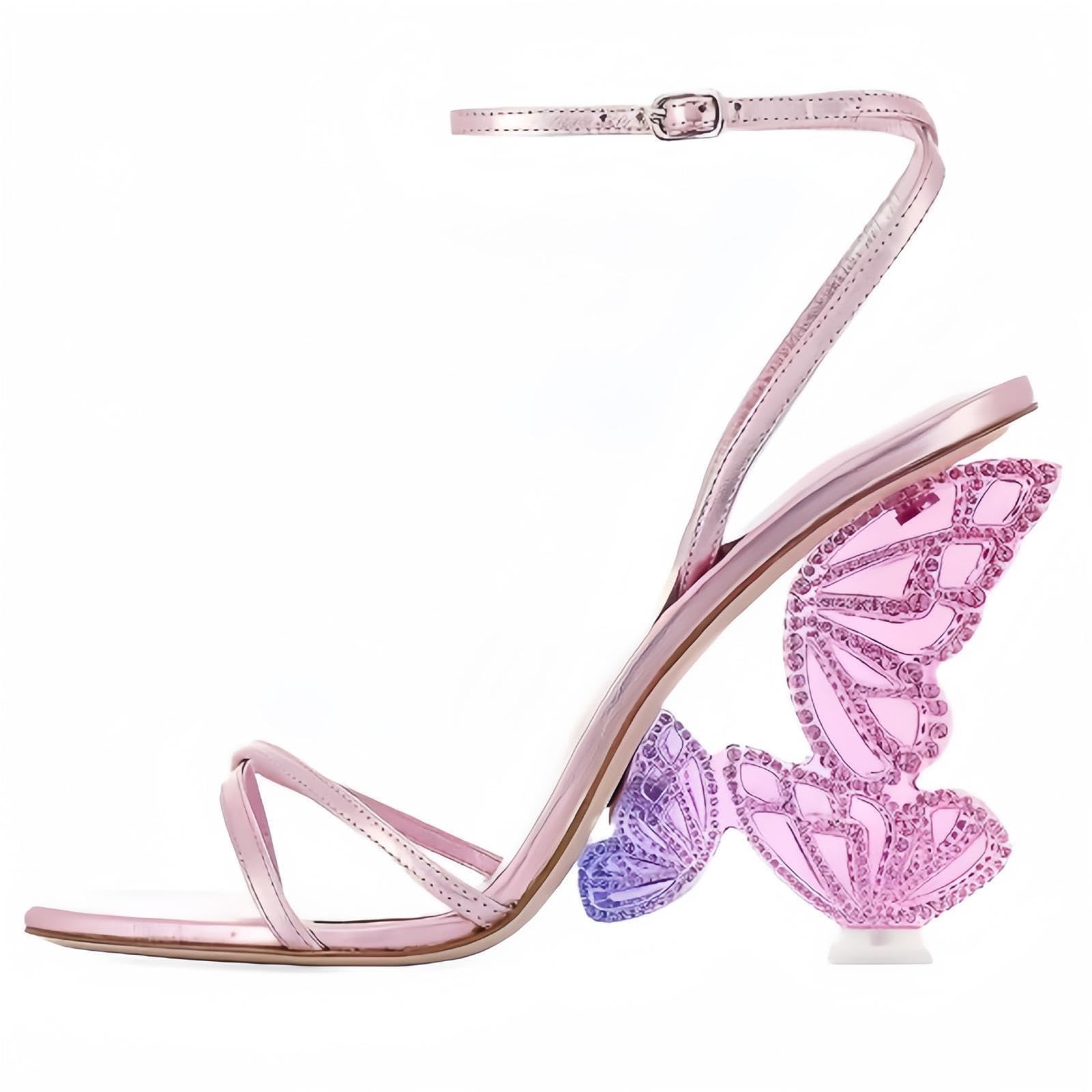 Longwenxuan Glitter Rhinestone Furry Lace Up Butterfly Stilletos Heels Sandals for Women,Women's Open Pointed High Heels Strappy Sandals Adjustable Ankle Strap Buckles Elegant Wedding Sandals Dress