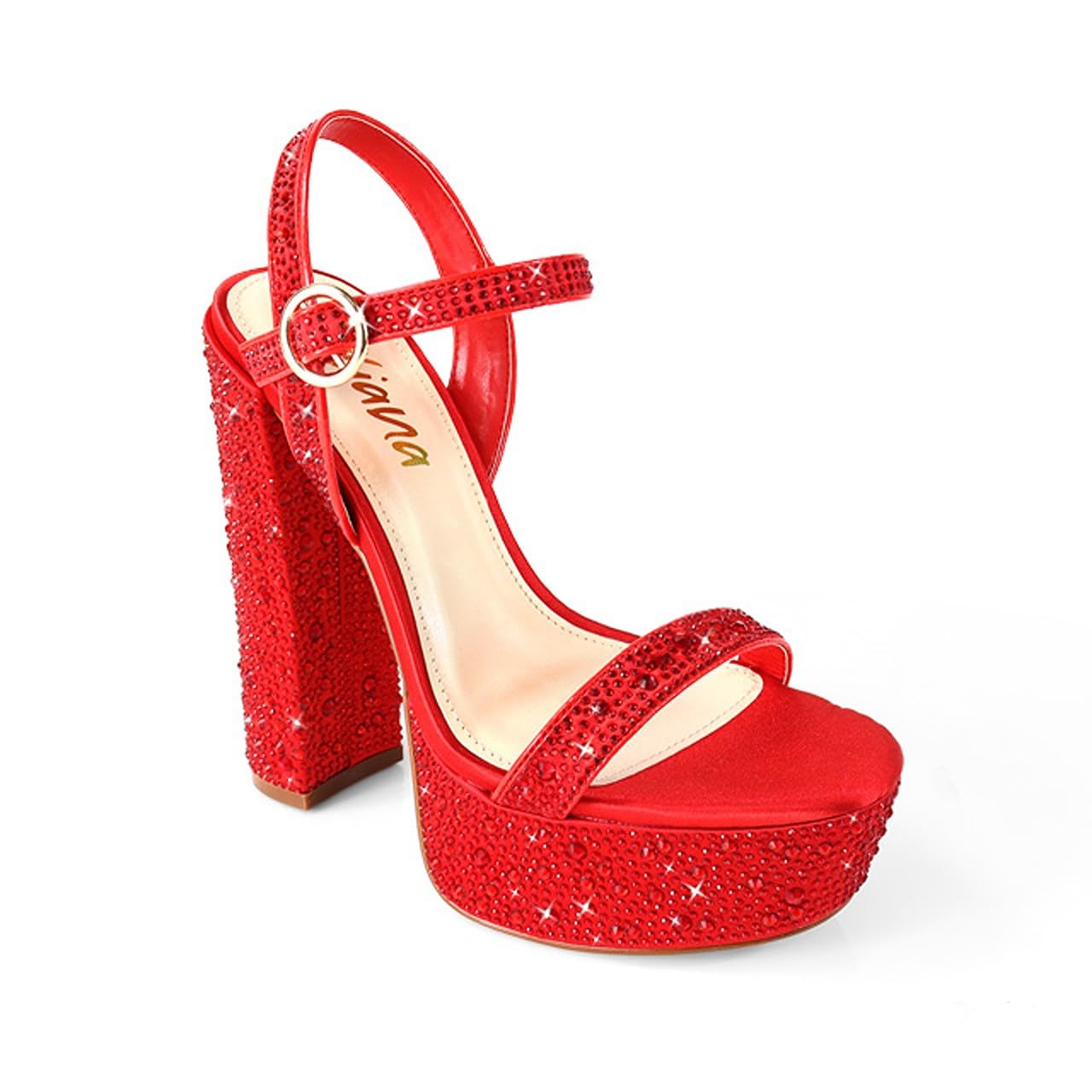 Liliana Womens Rhinestones Ankle Strap Chunky High Heels Sandals Fabiosa Red