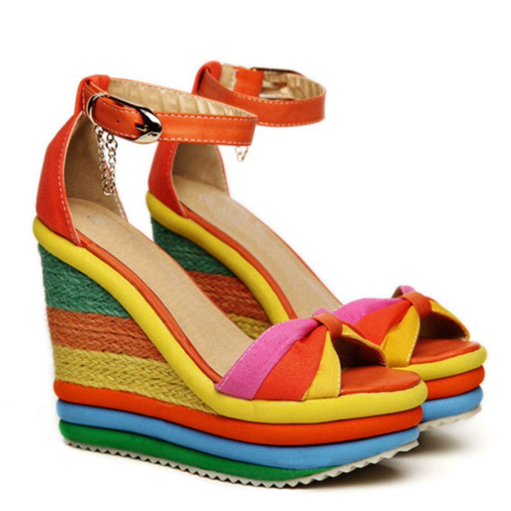SaraIris Sandals for Women Gladiator Ankle Strap High Heel Platform Shoes Wedge Rainbow Sandals for Women Orange