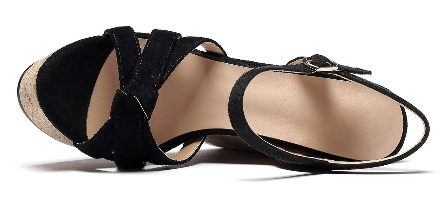 YODEKS High Heels Sandals for Women Wedge Wooden Heel Platform Open Toe Ankle Strap Fashion Comfort Black Suede Sandals