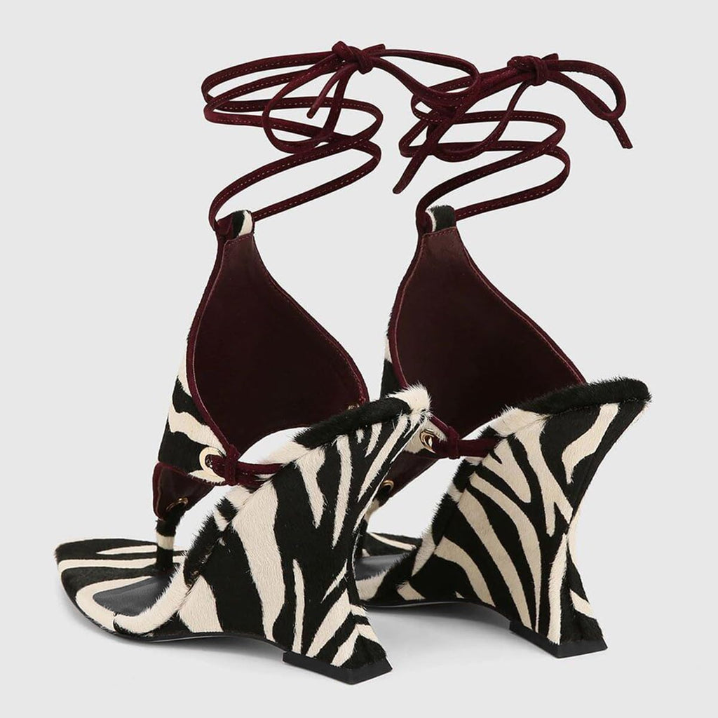 FSJ Women Open Toe Wedge Heel Thong Sandals Lace-Up Wrapped Heeled Flip Flops Comfortable Summer Dress Shoes Size 4 Zebra Print